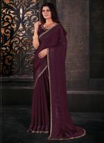 Satin Chiffon Wine Party Wear Cut Work Saree